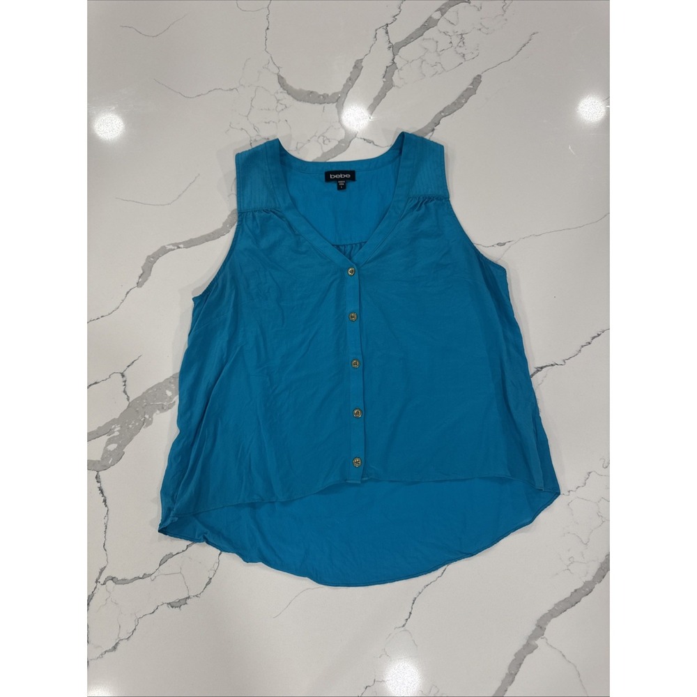 Bebe Silk Sleeveless Blouse Turquoise Blue Button Front High Low V-Neck Large